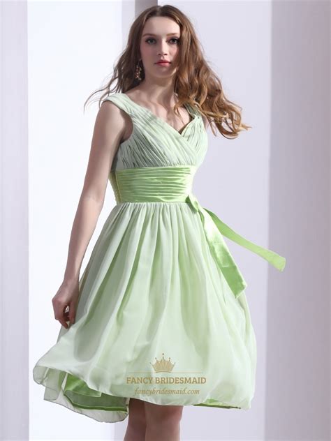 Sage Green Chiffon V Neck Knee Length Bridesmaid Dress