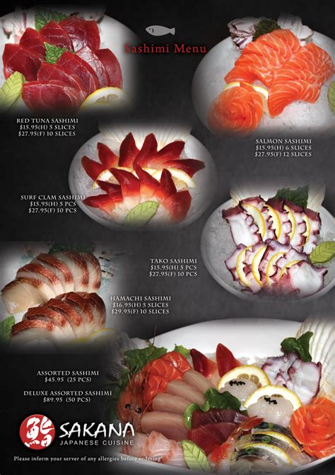 Sashimi And Sushi Menu Sakana Japanese Cuisine