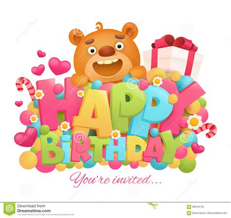 Happy Birthday Greeting Card With Cartoon Teddy Bear