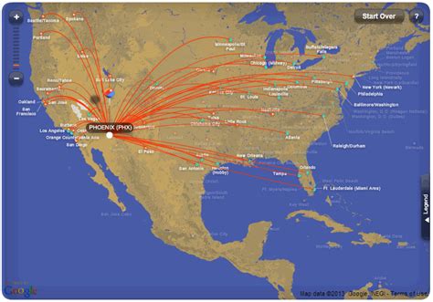 Southwest Airlines route map - from Phoenix