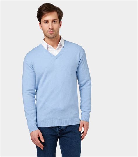 Pale Blue Pure Lambswool Mens Lambswool V Neck Knitted Sweater