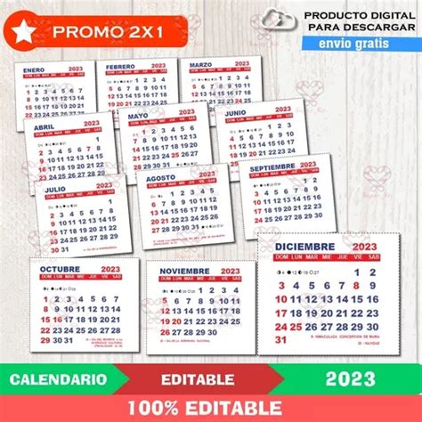 Kit Imprimible Calendario 2023 Mignon Almanaque Editable 2x1