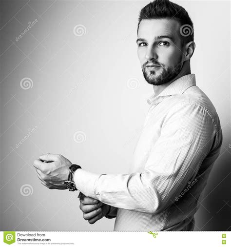 Black White Portrait Of Elegant Young Handsome Man In Stylish Shirt