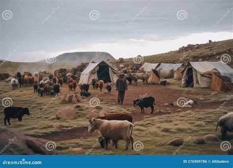 Nomadic Tribe Setting Up Camp With Tents And Livestock Stock