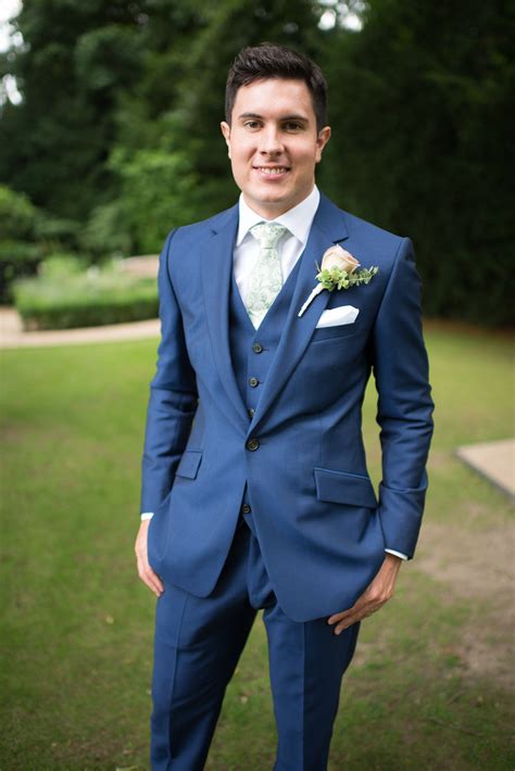 Groom Portrait Wedding Blue Suit Green Tie 3 Piece Blue Suit