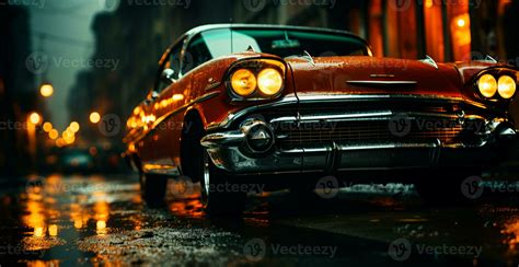 Vintage American classic car, headlights glowing at night - AI