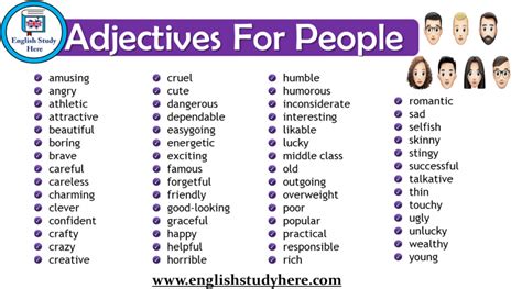 Let's take a look at a list of descriptive words that includes adjectives, adverbs, and gerunds. adjectives for people Archives - English Study Here