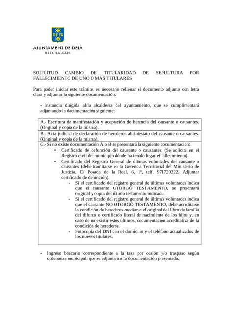 Pdf Modelo Solicitud Cambio Titularidad Por Defunci N Del Titular