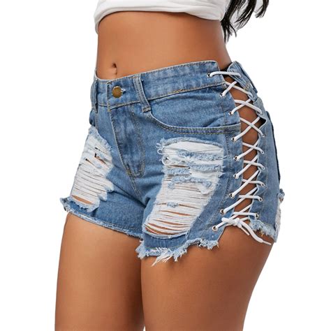Denim Shorts Solid Lacing Hole Short Feminino Sexy Bandage Jeans Ripped