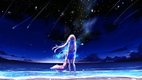 2048x1152 Animegirl Night Sea Stars Fantasy 2048x1152