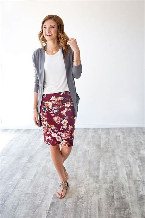 Floral Pencil Skirt And Grey Cardigan So Cute Perfect For Fall