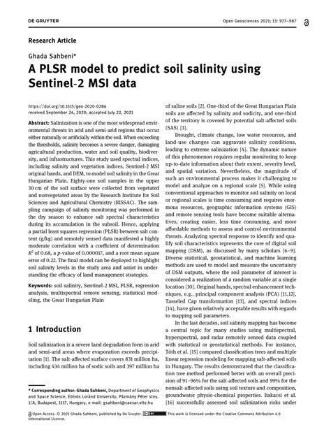 Pdf A Plsr Model To Predict Soil Salinity Using Sentinel 2 Msi Data