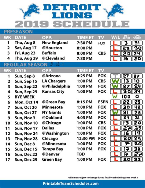 Detroit Lions Printable Schedule Printable Word Searches