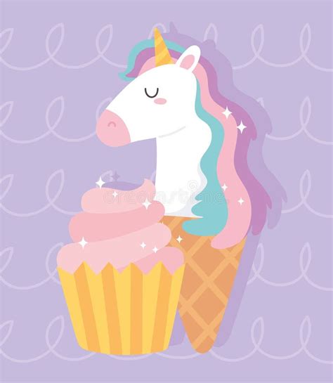Cute Magical Unicorn Eating Cupcake With Ice Cream Rainbow Flowers