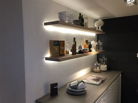 Floating Shelves With Strip Led Lighting On Exposed Brick Wall Can We