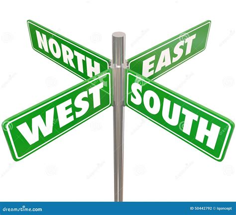 North South East West 4 Way Green Road Signs Intersection Stock