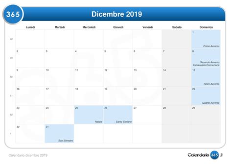Calendario Dicembre 2019