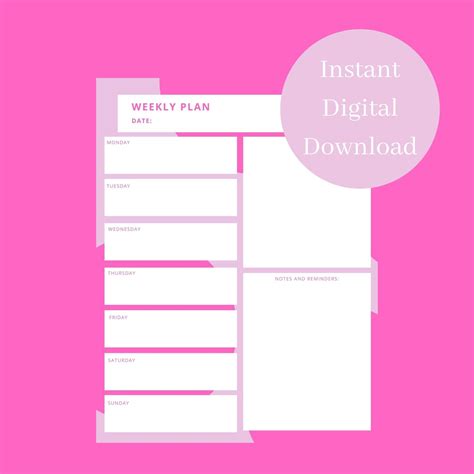 Pink Weekly Planner Printable Daily Planner Page Printable Etsy
