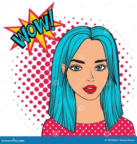 Pop Art Woman With Wow Bubble Fashion Beautiful Woman With Blue Hair