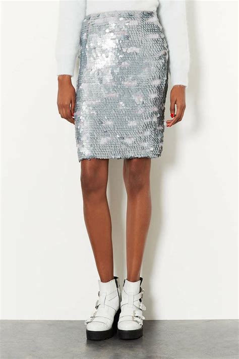 Topshop Metallic Silver Sequin Pencil Skirt
