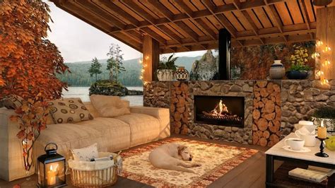 Autumn Cozy Terrace With First Fall Rain And Fireplace Sounds For Sleep