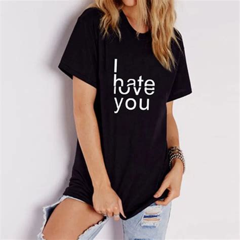 Women Letter Print Casual T Shirt Short Sleeve Cotton Tops O Neck Graphic Tees I Hate You T