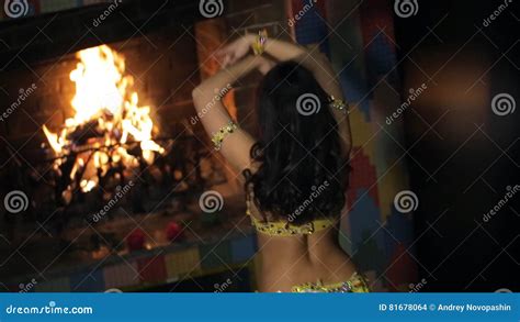 Beautiful Brunette Shows Belly Dance Back View Stock Footage Video Of