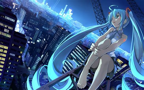Papel De Parede Cidade Noite Cabelo Longo Anime Meninas Anime Cabelo Azul Olhos Azuis
