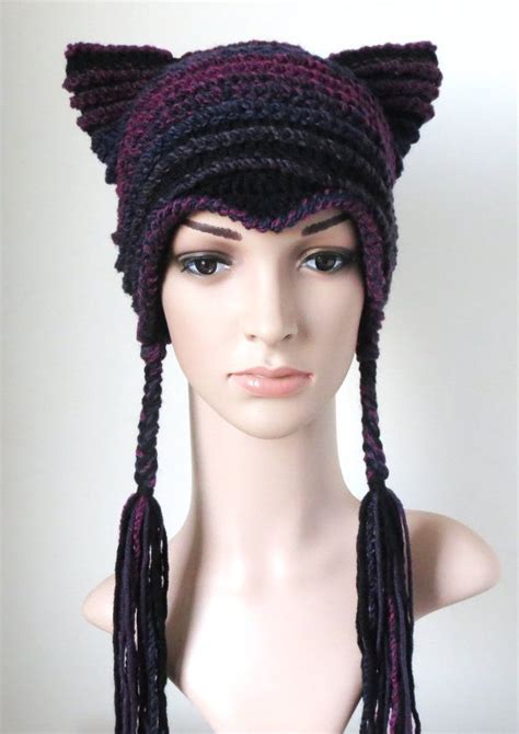 Womens Kitty Beanie In Black And Purple Cute Cat Lovers Etsy Crochet Cat Hat Crochet