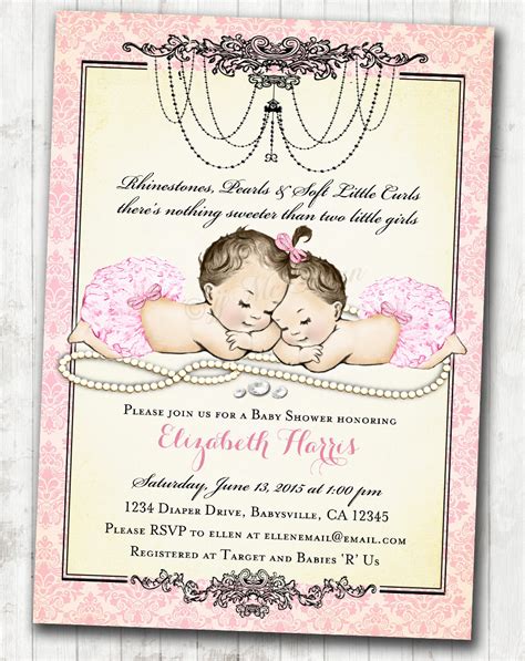 Double the giggles, double the grins we'll be there to help, with the celebration anyways. Twin Girls Baby Shower Invitation for baby girls Pink vintage