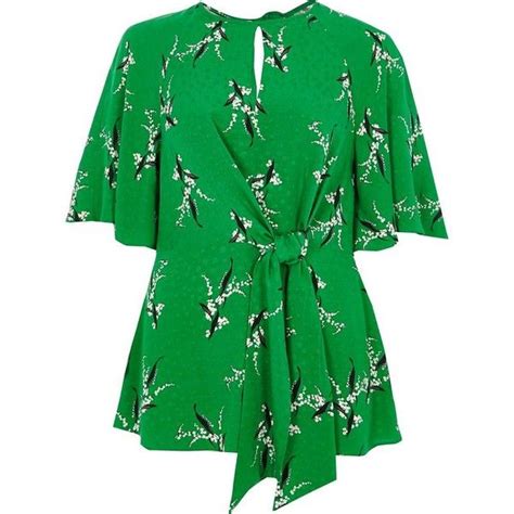 river island green tie front short sleeve blouse 72 liked on polyvore featuring tops blouses