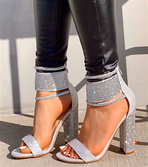 silver rhinestones chunky high heels silver chunky heels heels zipper heels