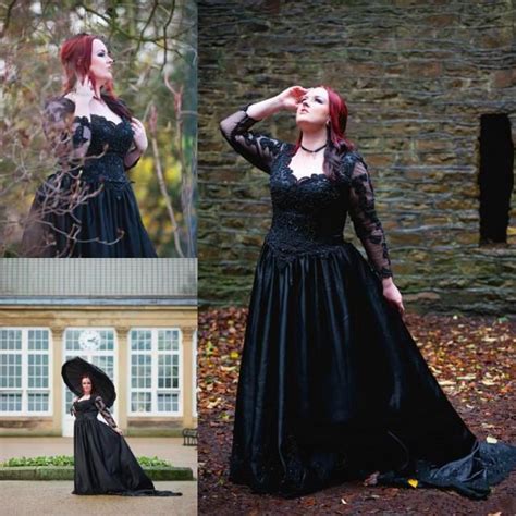 new style black gothic plus sizes wedding dresses with illusion long sleeve sequins beads