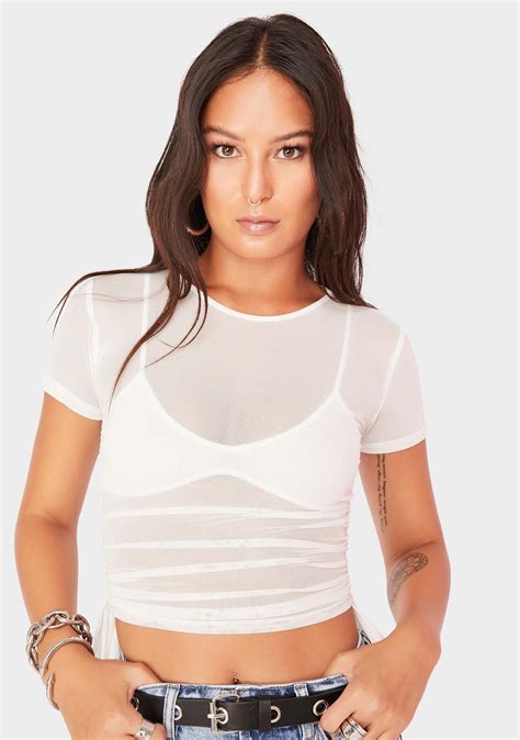 sheer mesh ruched crop top white dolls kill