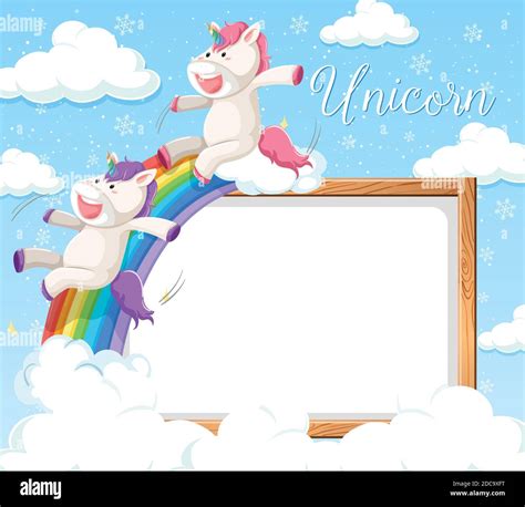 Blank Banner With Unicorns Sliding On Rainbow Illustration Stock Vector