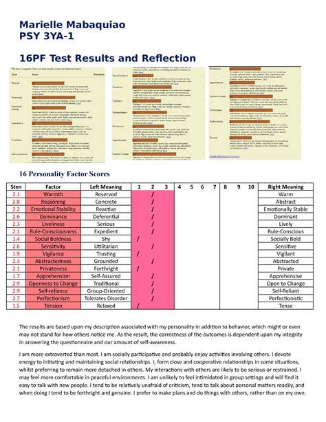 16pf Personality Test Marielle Mabaquiao Psy 3ya 16pf Test Results