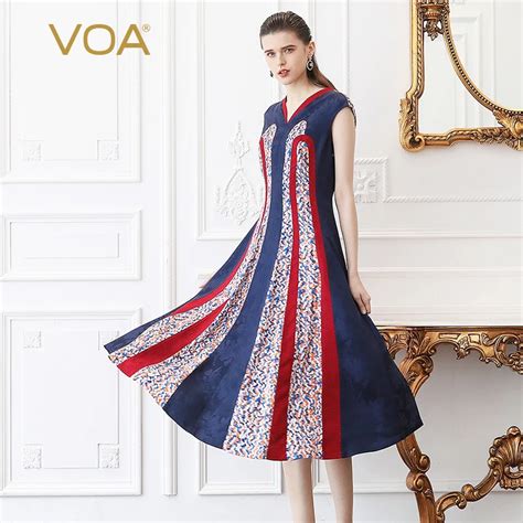 Voa Heavy Silk Slim Women Long Dresses Vintage Print Swing Party Dress