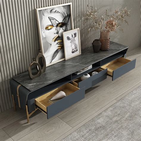 787 Stone Top And Leather Upholstered Tv Stand Media Console With 3