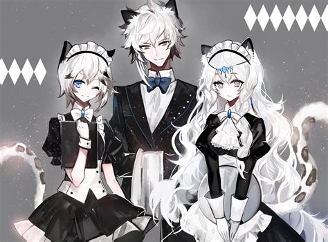 Behind his long grey bang, he hide is mesmerizing chartreuse eyes. animal ears apron aqua eyes arknights bow braids catgirl gray gray eyes headdress long hair maid ...
