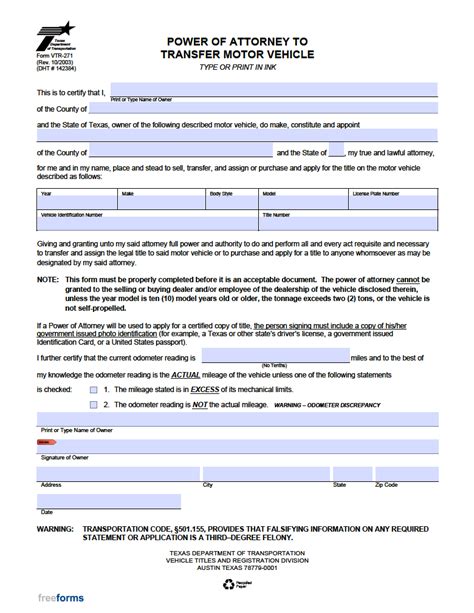 Free Texas Motor Vehicle Power Of Attorney Form Pdf