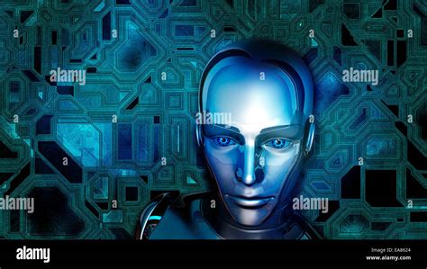 Futuristic Female Android At Digital Circuit Background Stock Photo Alamy