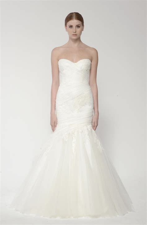 Bliss Monique Lhuillier Draped Tulle And Chantilly Lace Trumpet Dress