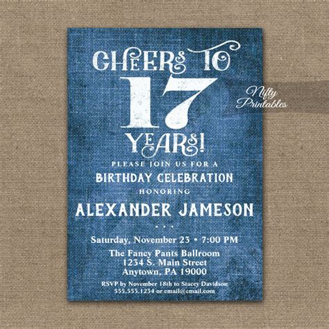 17th Birthday Invitations Blue Linen Rustic Cheers - Nifty Printables