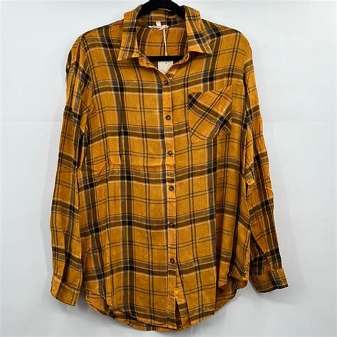 Mystree Tops Mystree Plaid Fall Button Down Top Mustard Distressed Vintage Coloring Sml