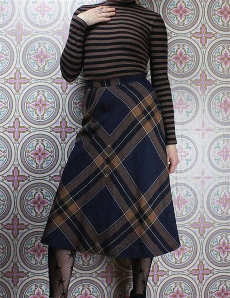 70 S Tartan Skirt Calf Length Plaid A Line Skirt Navy Etsy Tartan