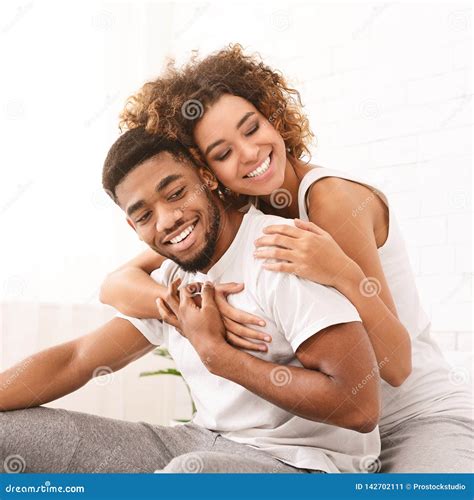 Happy Couple Flirting In Morning On Comfortable Bed Stock Image Image