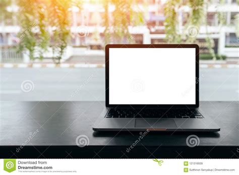 Laptop With Blank Screen On Table Conceptual Workspace Laptop