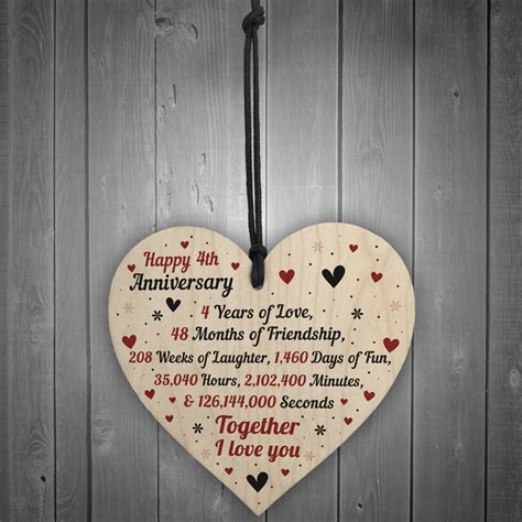 4th Wedding Anniversary Gift For Him Her Wood Heart Keepsake