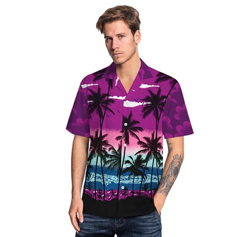 Tropical Hawaiian Aloha Shirt Beach Palm Purple Casual Button Down