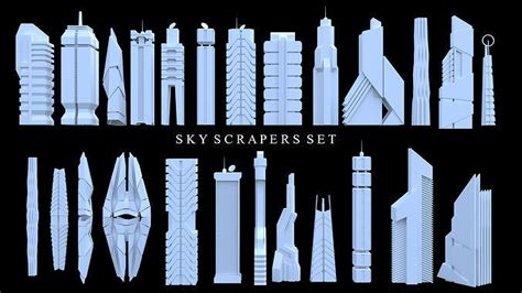 Sci Fi Skyscraper Set Low Poly 3d Model Cgtrader